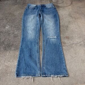 Y2K Mens Distressed Flare Leg Jeans Medium Wash Frayed Hem W31xL31